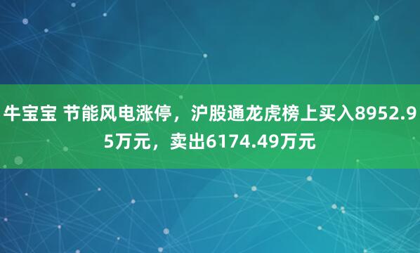 牛宝宝 节能风电涨停，沪股通龙虎榜上买入8952.95万元，卖出6174.49万元