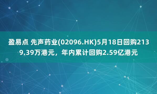 盈易点 先声药业(02096.HK)5月18日回购2139.39万港元，年内累计回购2.59亿港元